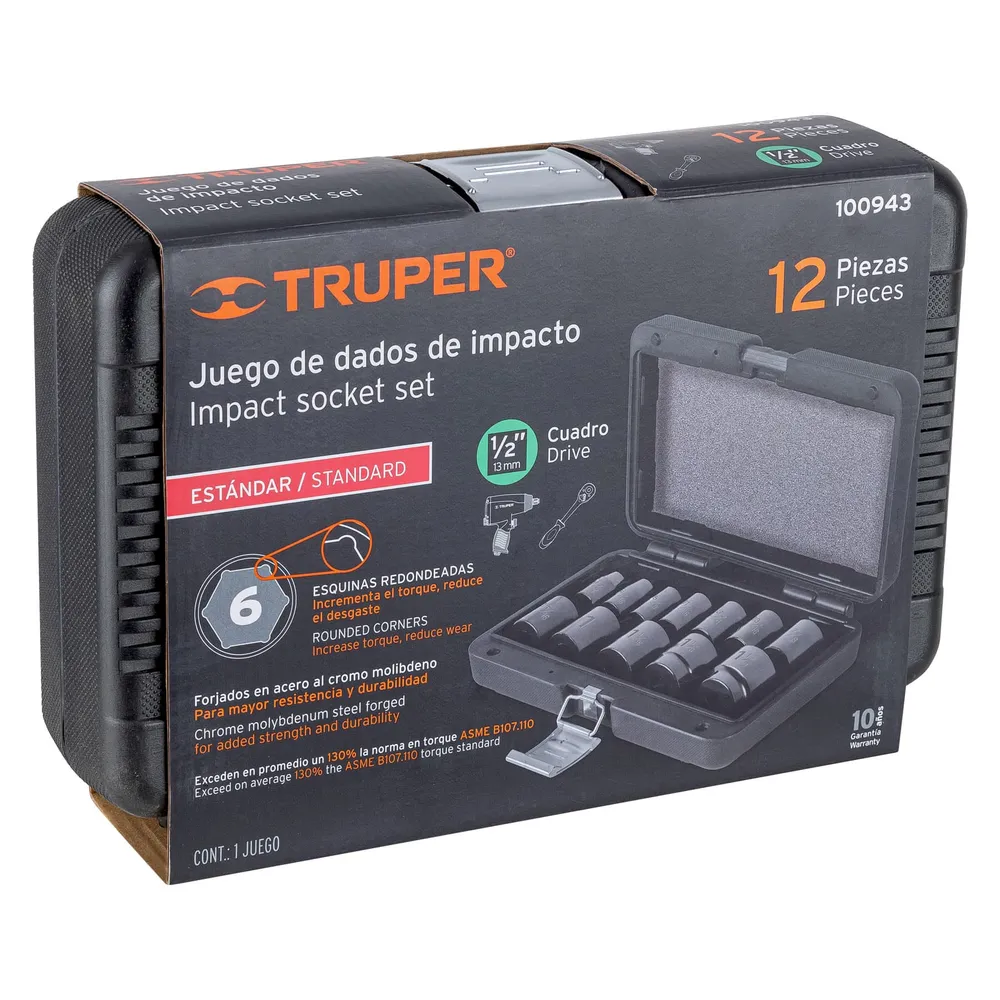 Juego de 12 dados cuadro 1/2" de impacto 6 puntas estándar Truper