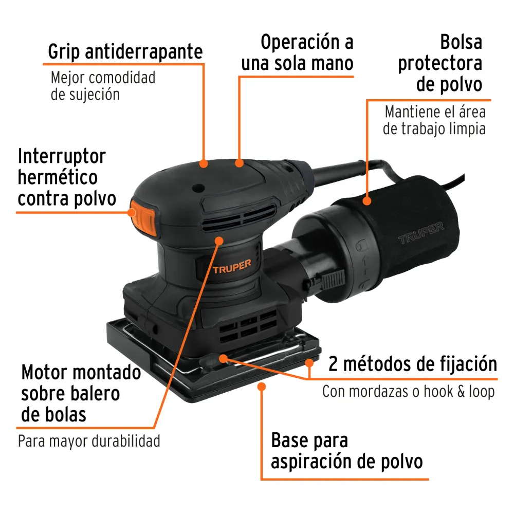 Lijadora orbital 1/4 hoja, 300W, Truper industrial