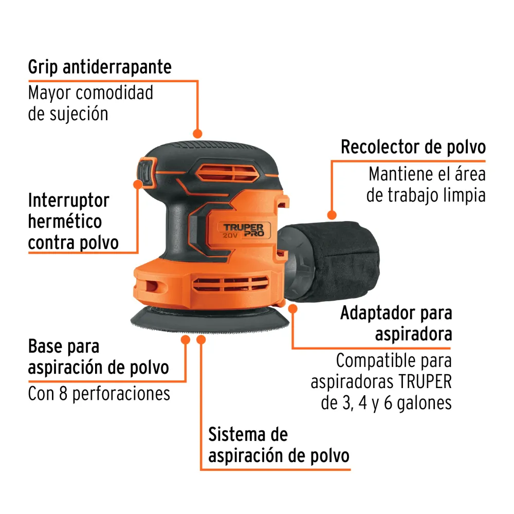 Lijadora roto-orbital inalámbrica 5", 20V, sin accesorios, PRO Truper