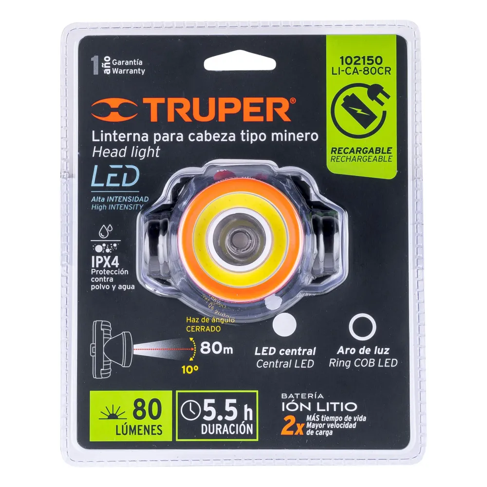 Linterna de minero LED 80 lm, recargable, Truper