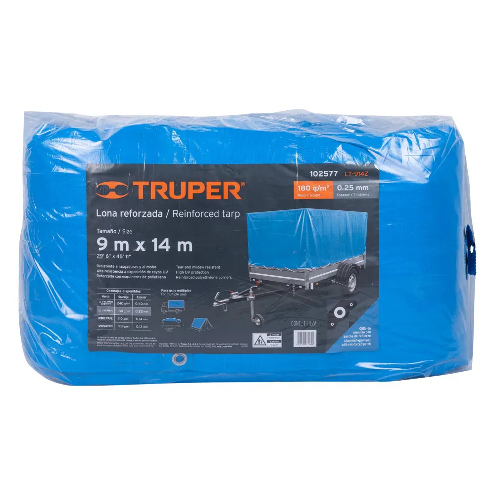 Lona de polietileno reforzada 9x14 m, azul, 180g/m2, Truper