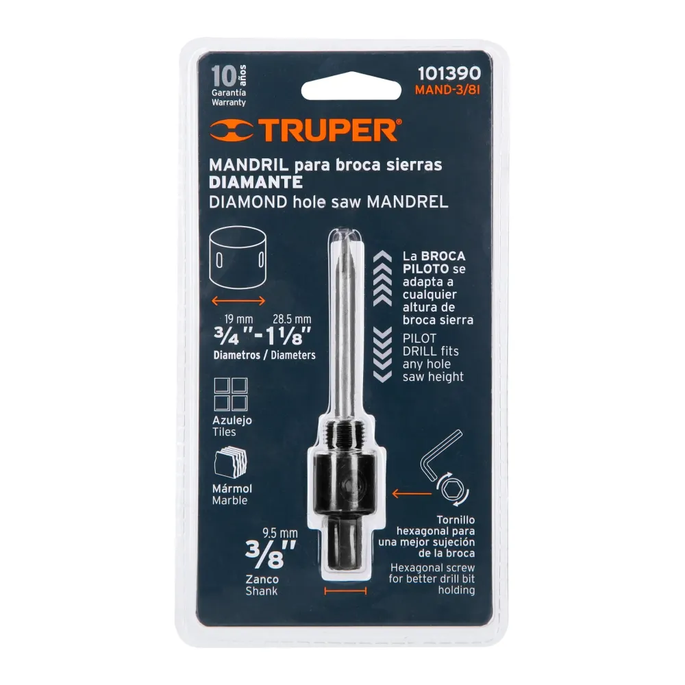 Mandril para brocasierra diamante con rosca 3/8", Truper