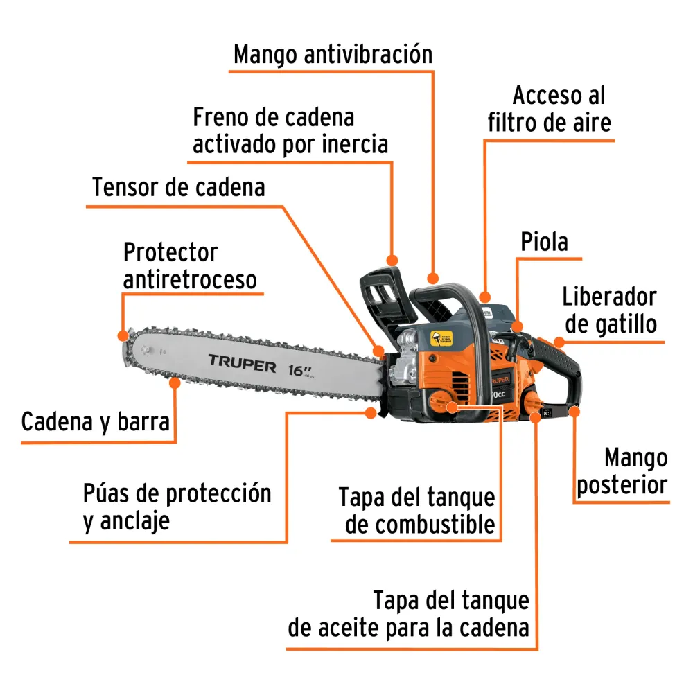 Motosierra 50 cc gasolina con barra de 16", Truper