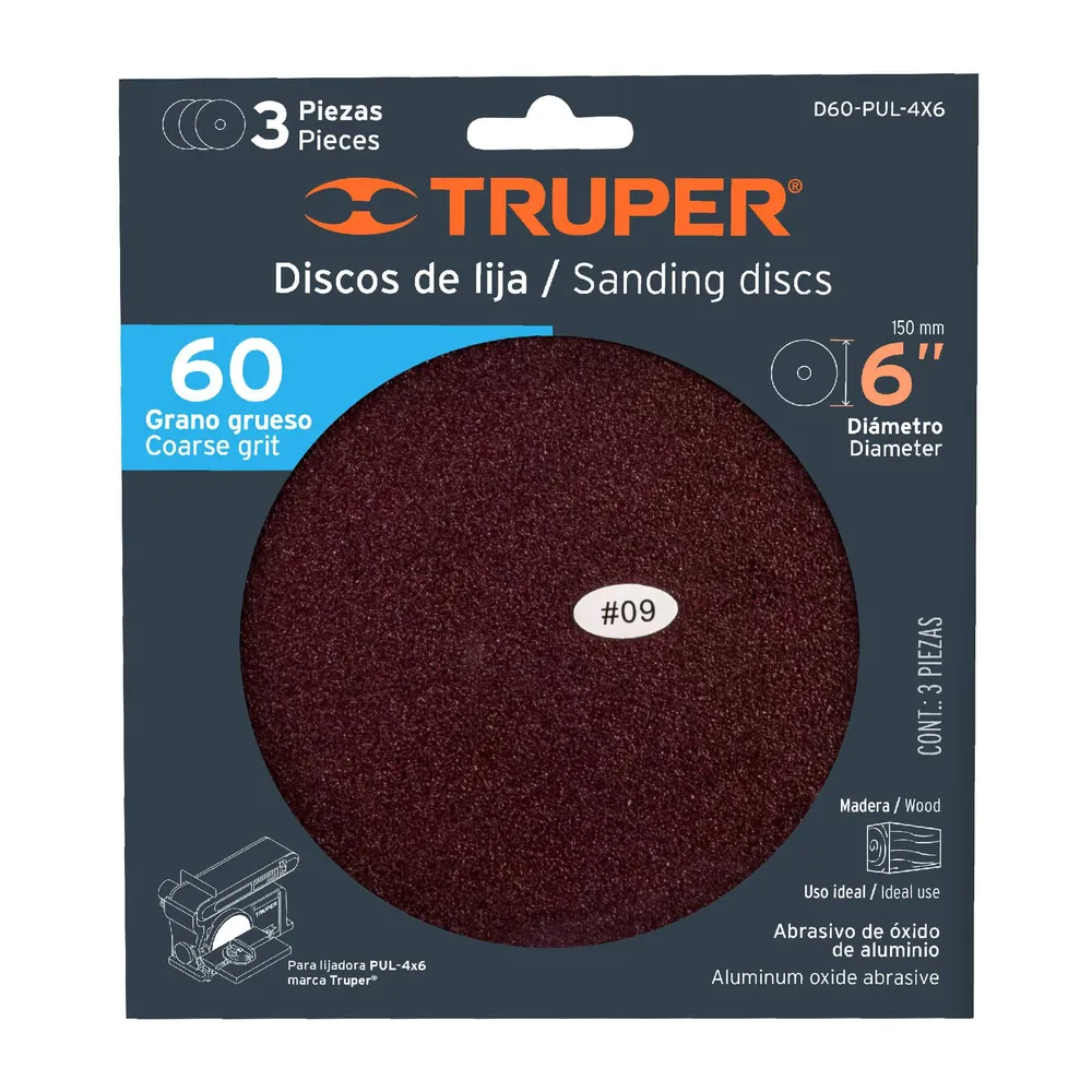 Paquete con 3 discos de lija 6" grano 60, para PUL-4X6T Truper