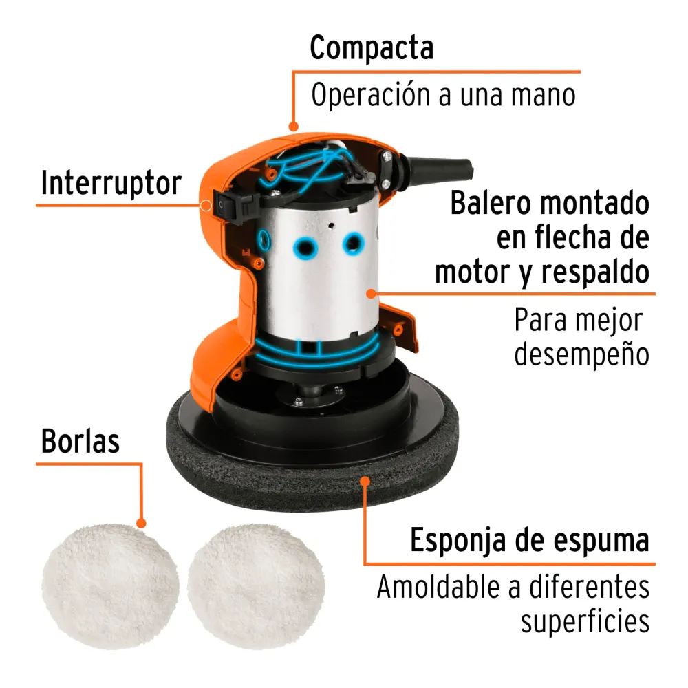 Pulidora compacta una mano, 6", 45W, Truper PRO