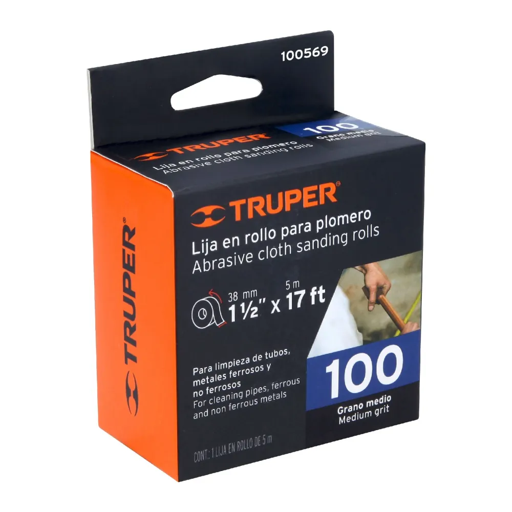 Rollo de 5 m de lija para plomero grano 100 ancho 1-1/2" Truper