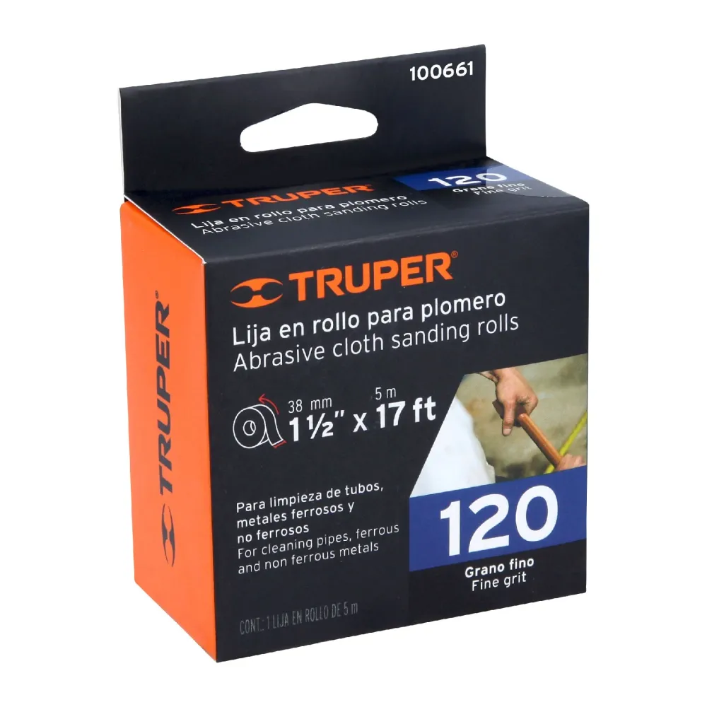 Rollo de 5 m de lija para plomero grano 120 ancho 1-1/2" Truper