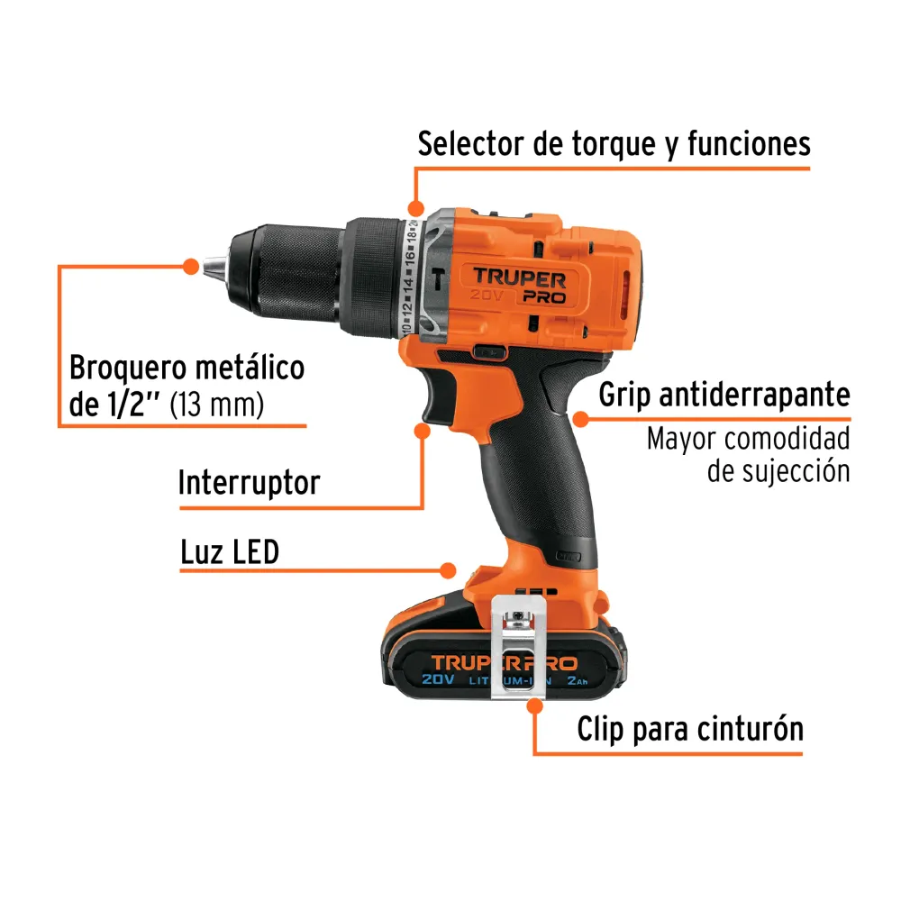 Rotomartillo 1/2", 20V, 1 baterí 2Ah, PRO Truper
