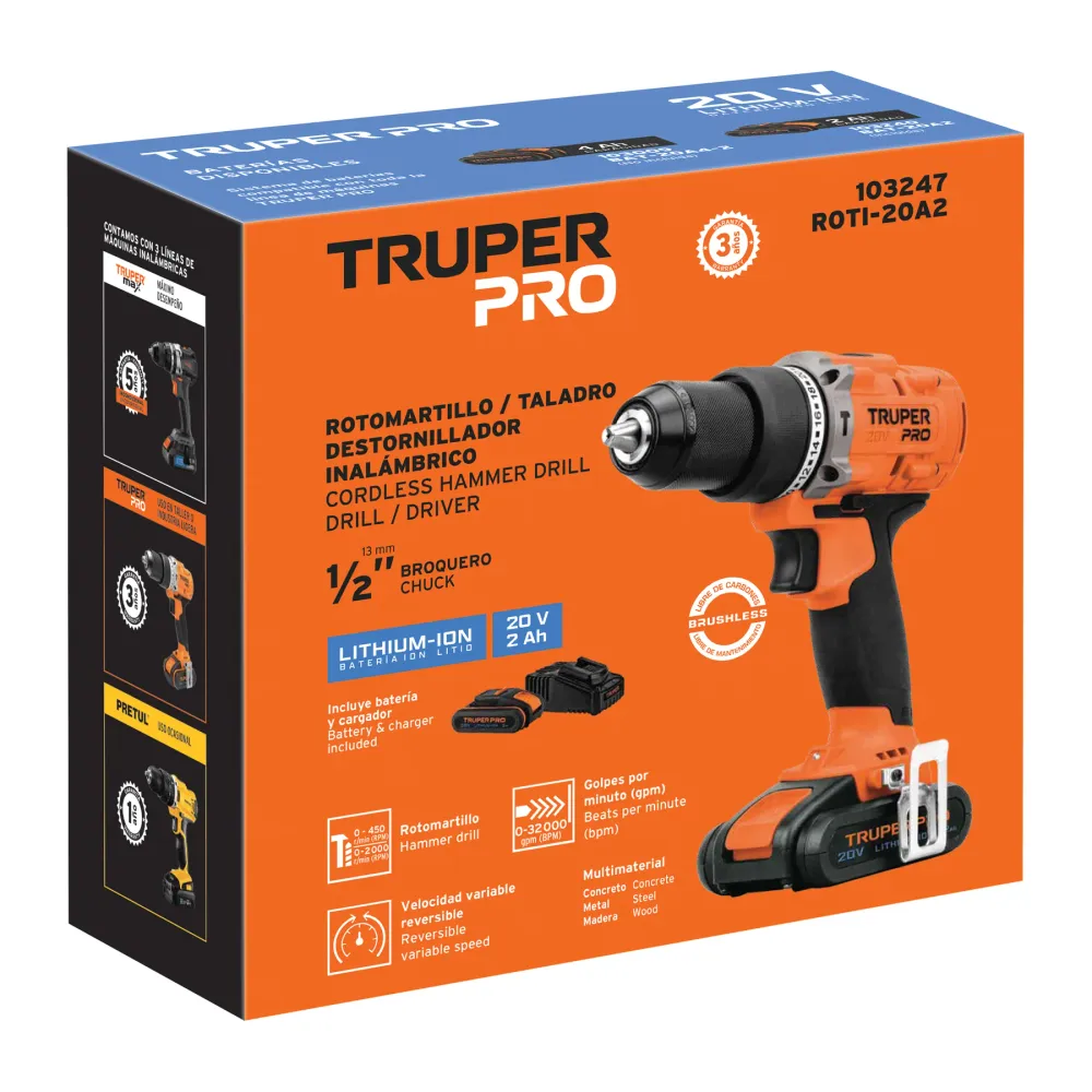 Rotomartillo 1/2", 20V, 1 baterí 2Ah, PRO Truper