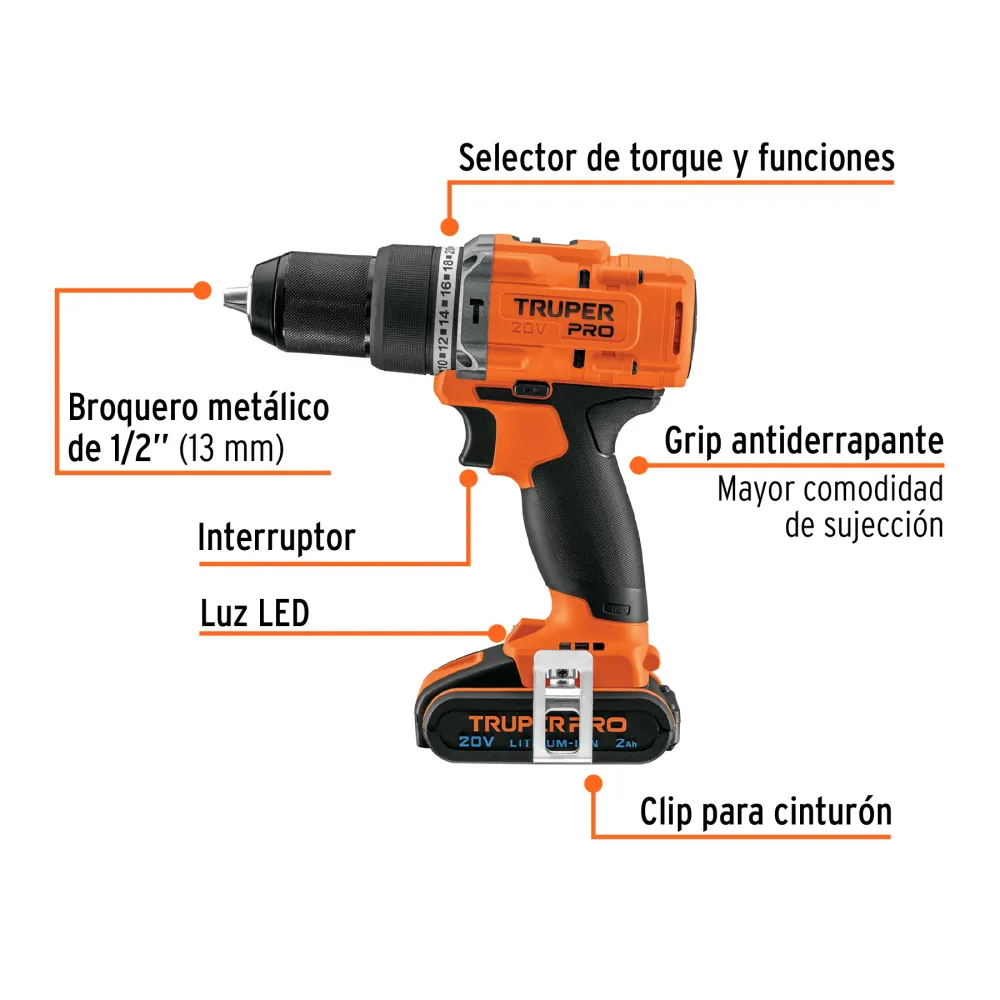 Rotomartillo inalámbrico 1/2", 20V, 2 baterías 2Ah, PRO Truper