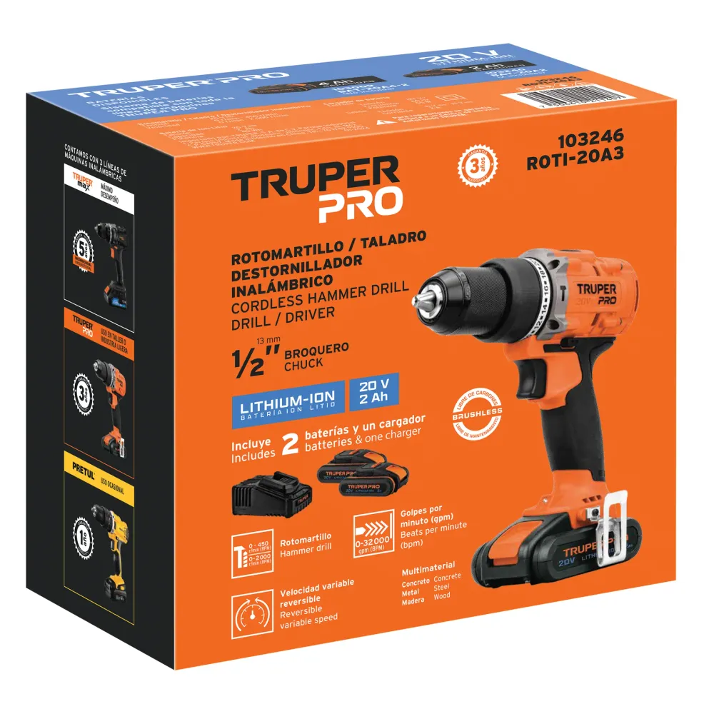 Rotomartillo inalámbrico 1/2", 20V, 2 baterías 2Ah, PRO Truper