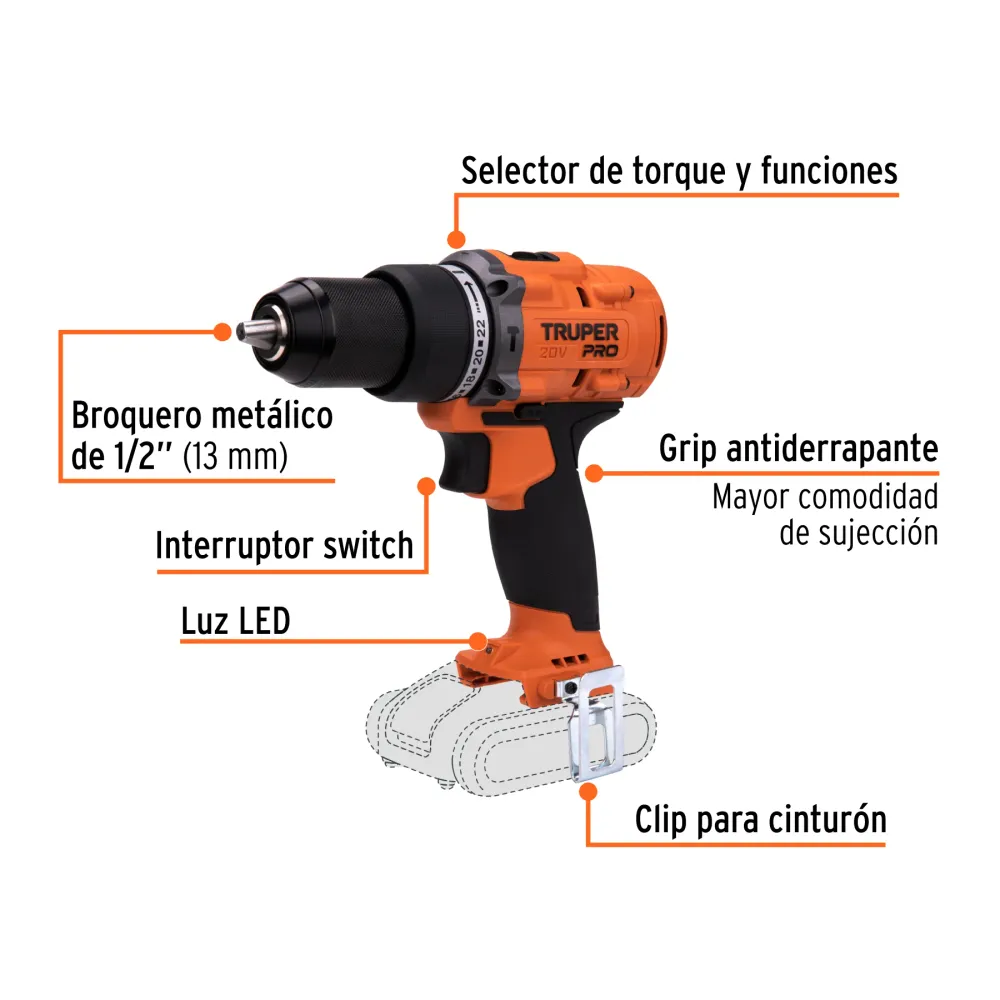 Rotomartillo inalámbrico 1/2", 20V, sin accesorios, PRO Truper