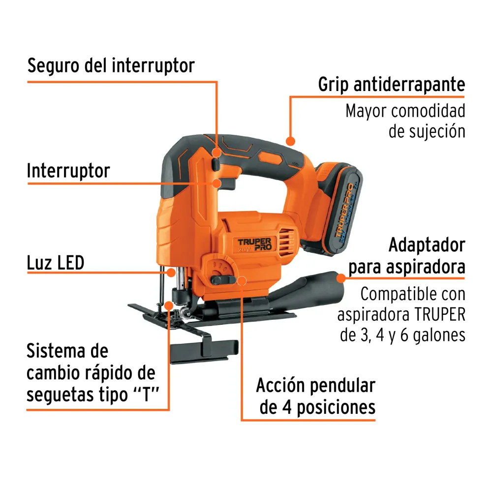 Sierra caladora inalámbrica 20V, 1 baterí 2Ah, PRO Truper
