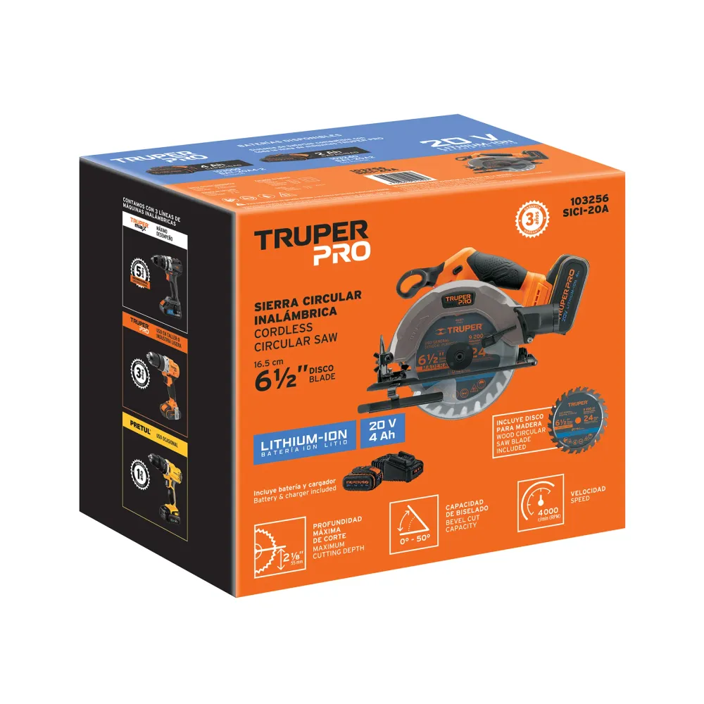 Sierra circular inalámbrica 6-1/2", 20V, 1 baterí 4Ah, PRO Truper
