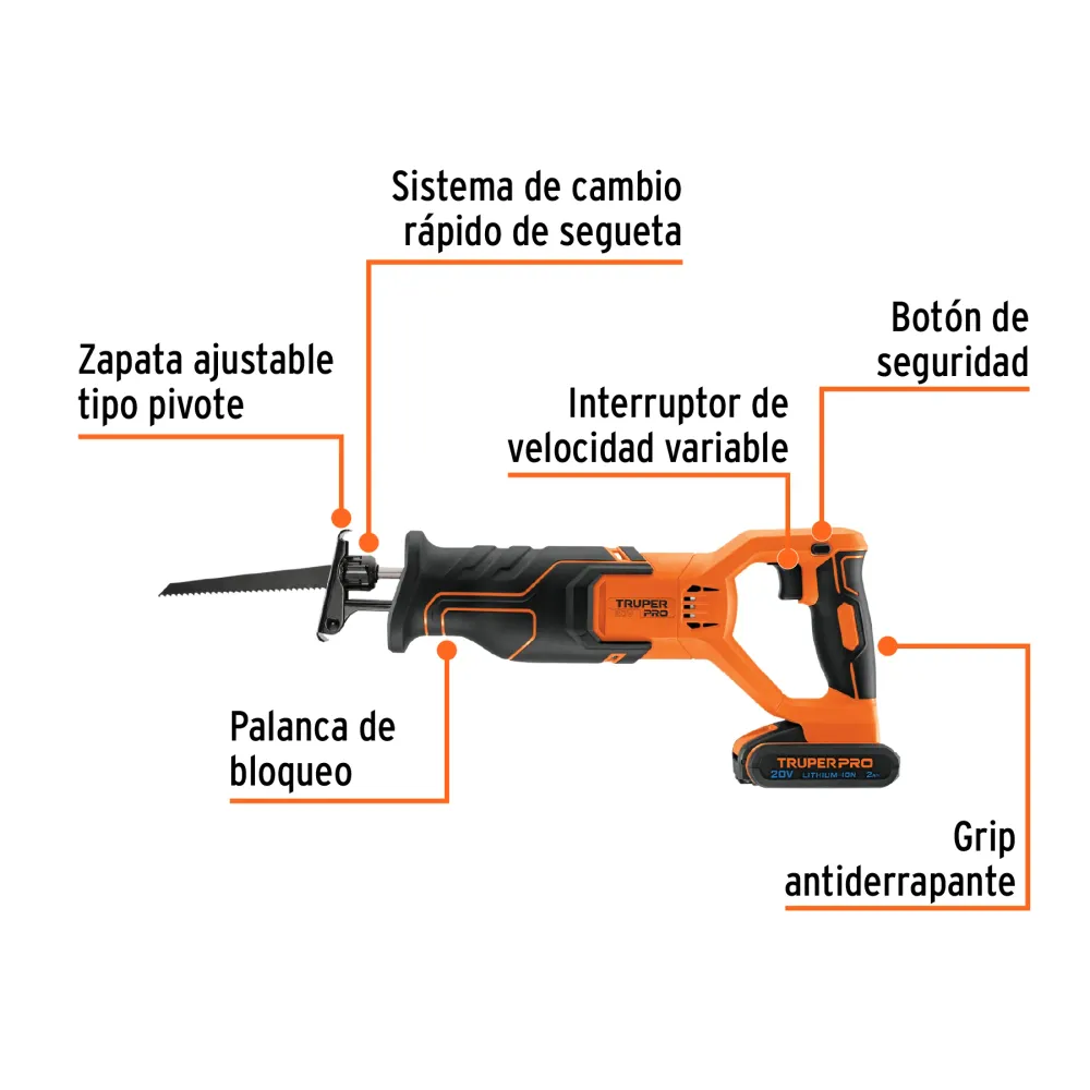 Sierra sable inalámbrica, 20V, 1 baterí 2Ah, PRO Truper