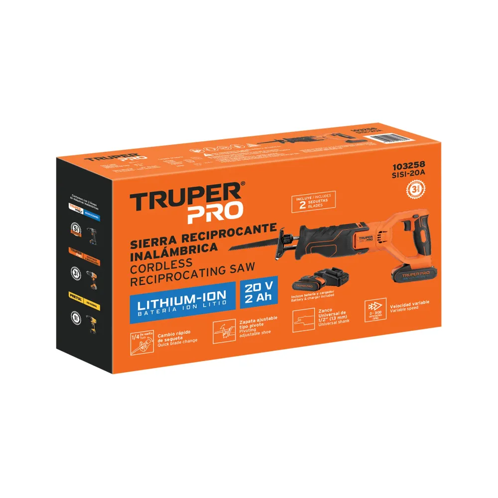 Sierra sable inalámbrica, 20V, 1 baterí 2Ah, PRO Truper