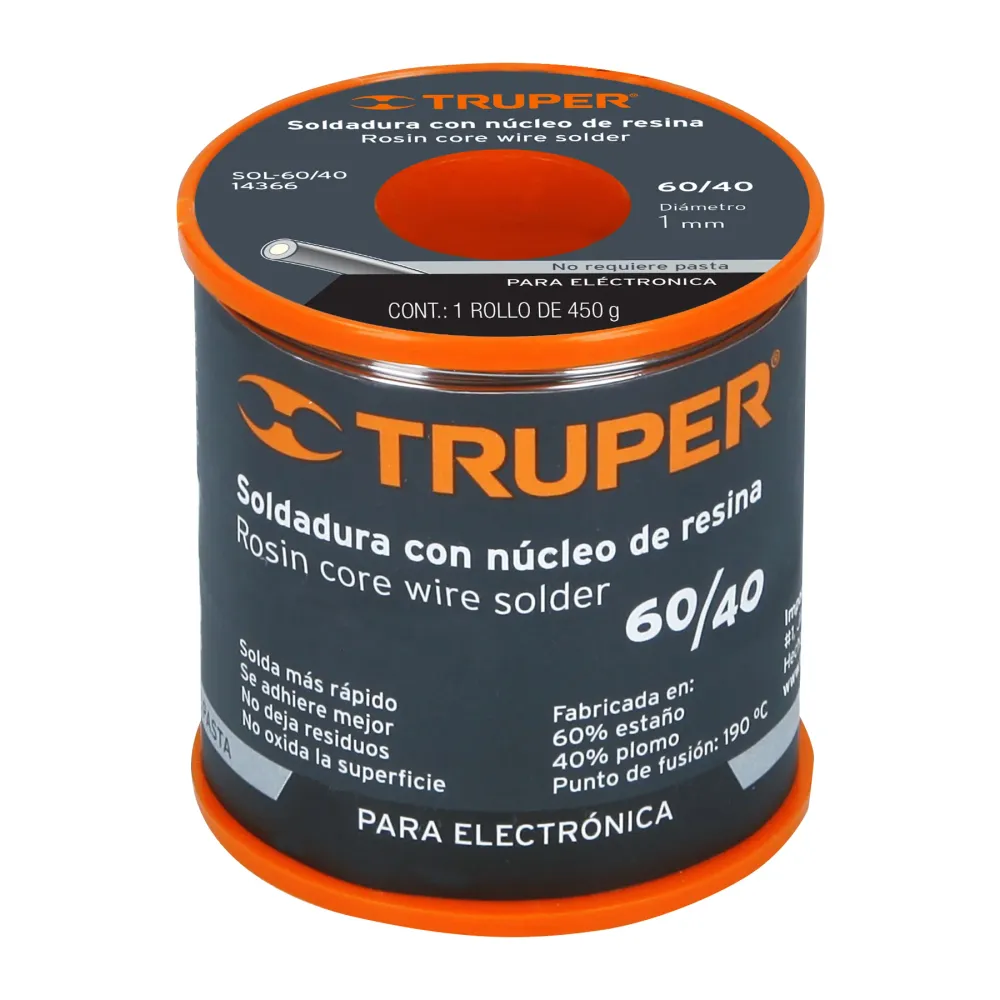 Soldadura con núcleo resina 60/40, para electrónica, 450 g Truper