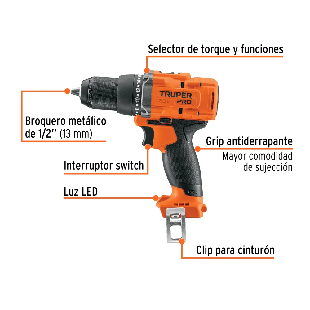 Taladro inalámbrico 1/2", 20V, sin accesorios, PRO Truper