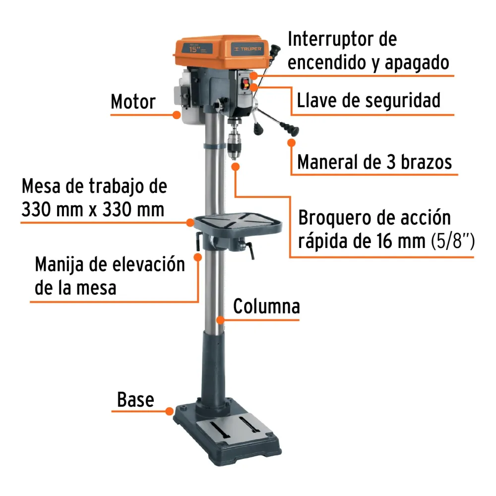 Taladro de piso 15", 1 HP (750 W), broquero 5/8", Truper