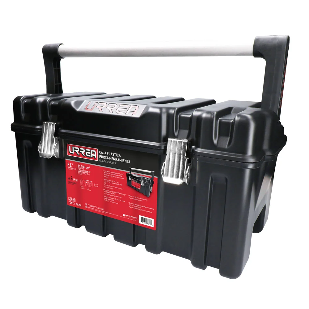Caja portaherramientas plástica con broches metálicos color negro 21" x 11" x 10" Urrea