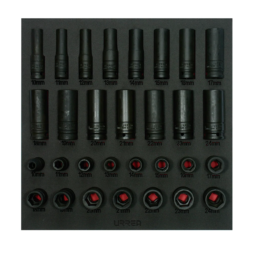 Juego de dados de impacto cortos y largos métricos cuadro de 1/2" 30 piezas, CH219-C Urrea