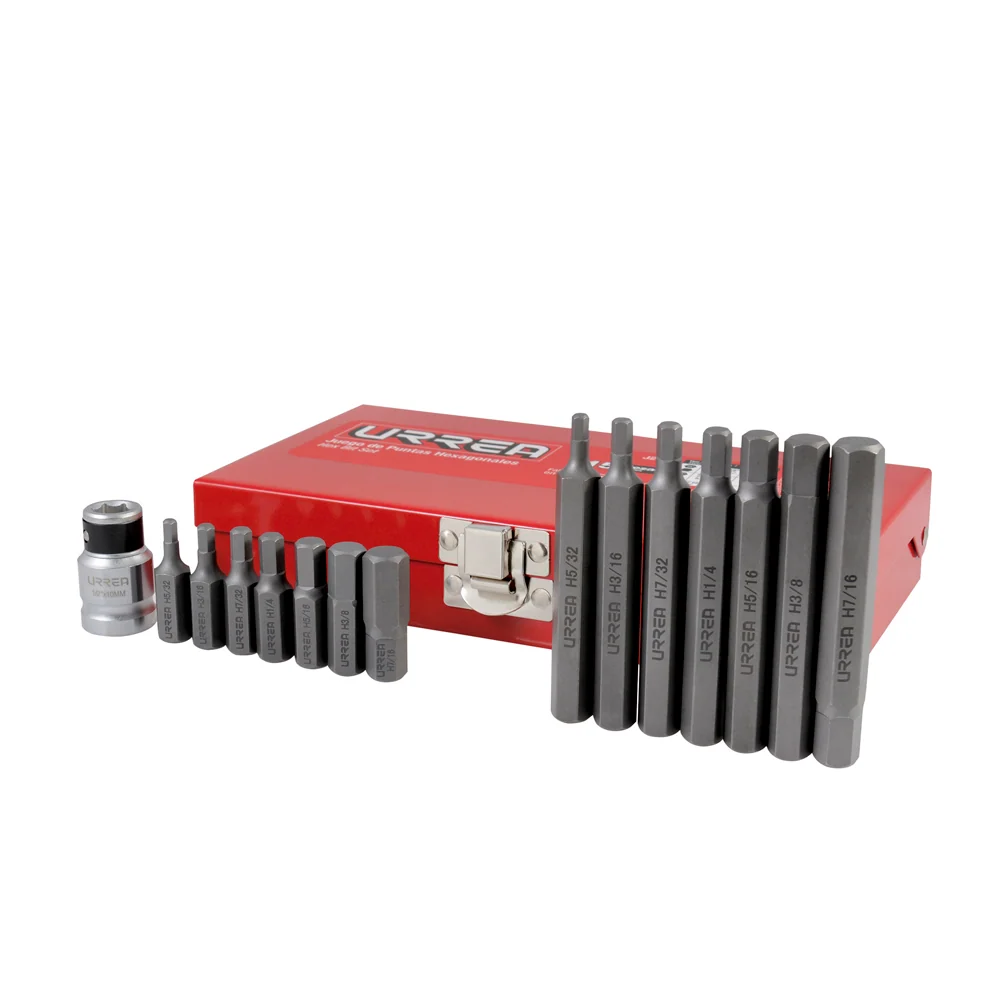 Juego de puntas hexagonales hexágono de 3/8" , con adaptador, 15 pz en caja metalica Urrea