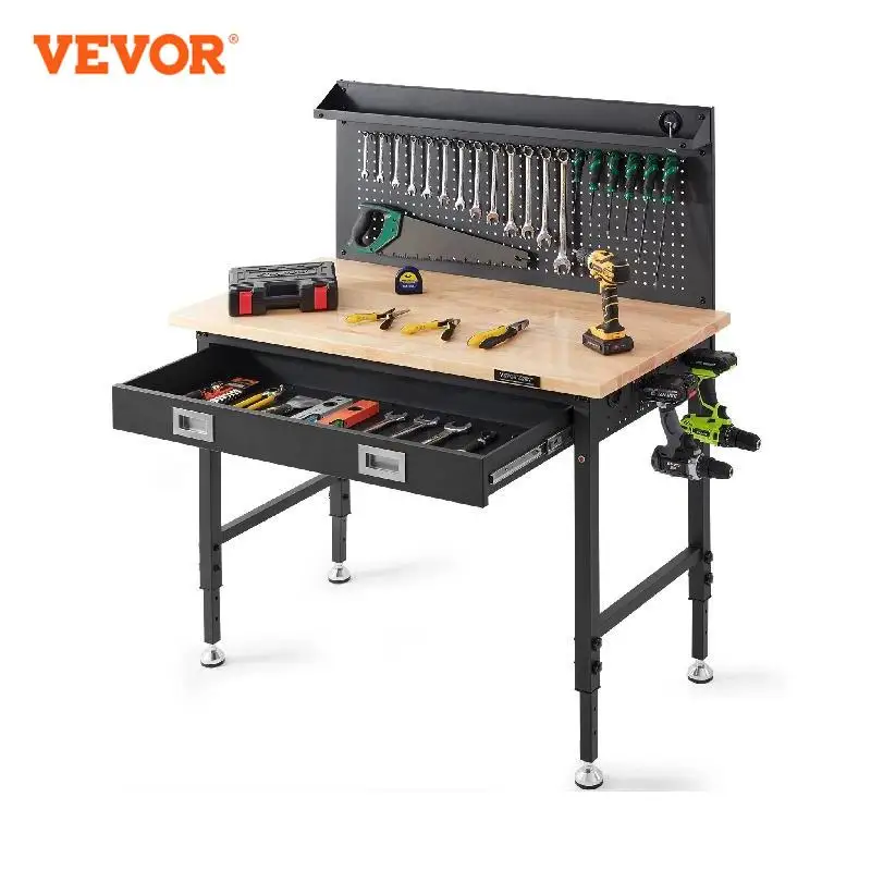 VEVOR Banco de trabajo de madera dura de 2000 libras, mesa de trabajo de tablones de roble resistente, acero al carbono co...