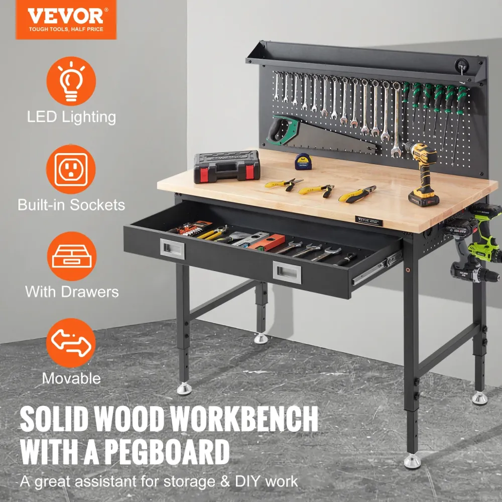 VEVOR Banco de trabajo de madera dura de 2000 libras, mesa de trabajo de tablones de roble resistente, acero al carbono co...