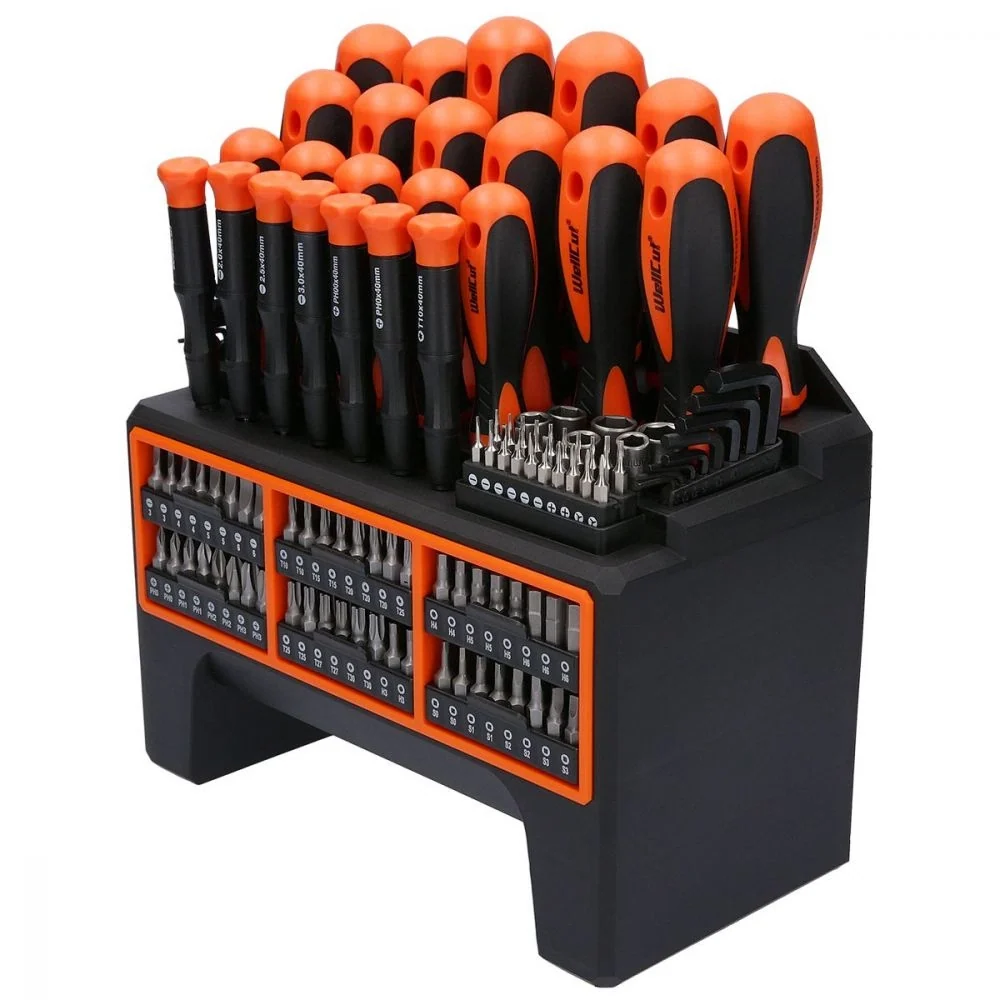 WellCut Juego de destornilladores magnéticos de 114 piezas con estante para herramientas, juego de herramientas con destor...