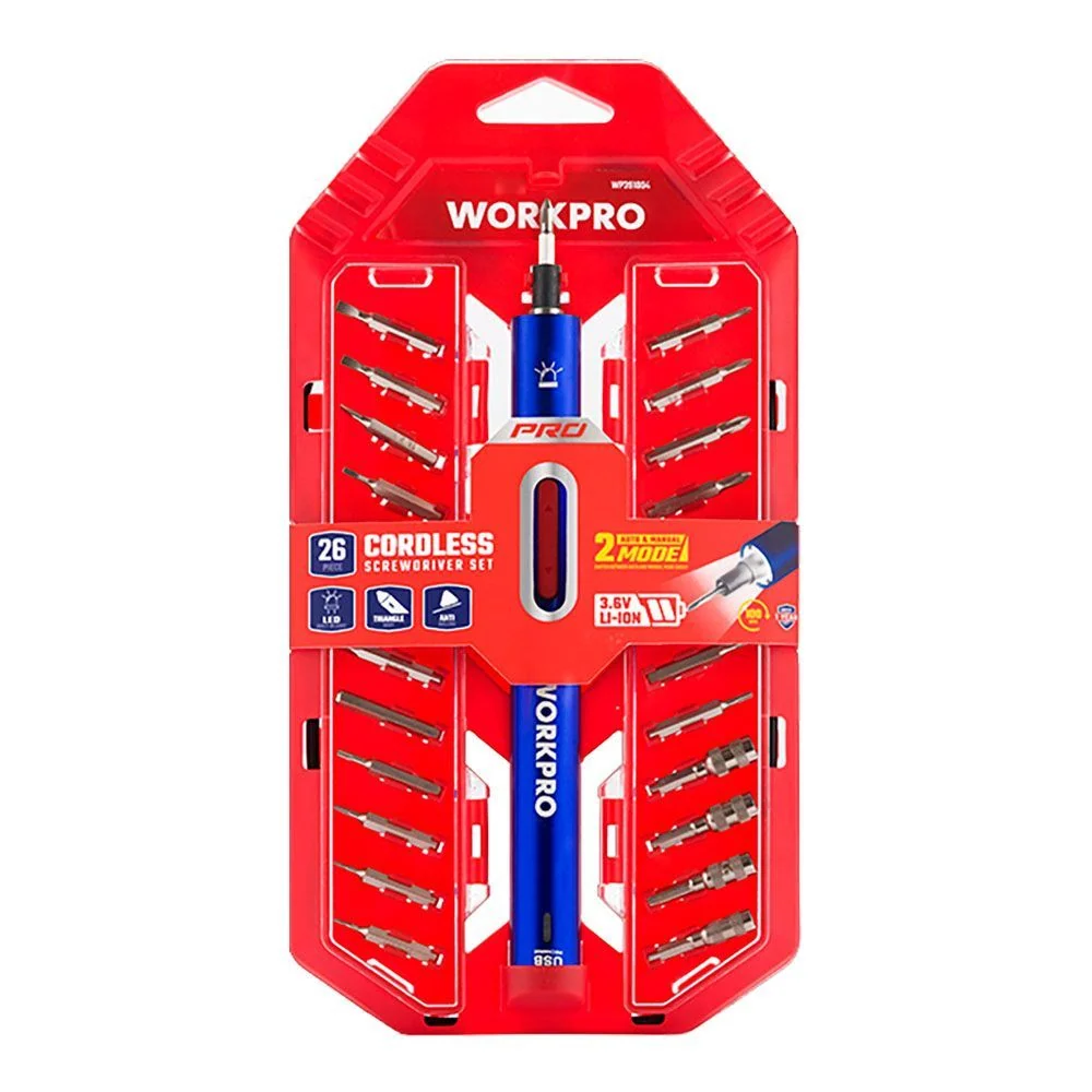 KIT DE DESTORNILLADOR DE PRECISIÓN RECARGABLE USB 3.6V LI-ION, 26 PIEZAS WORKPRO