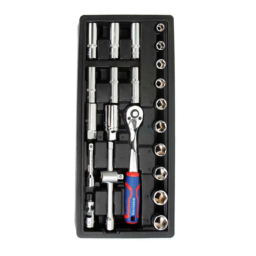 LLAVE DE CARRACA Y VASOS 3/8 pulg, JUEGO 23 PIEZAS, MÉTRICO WORKPRO