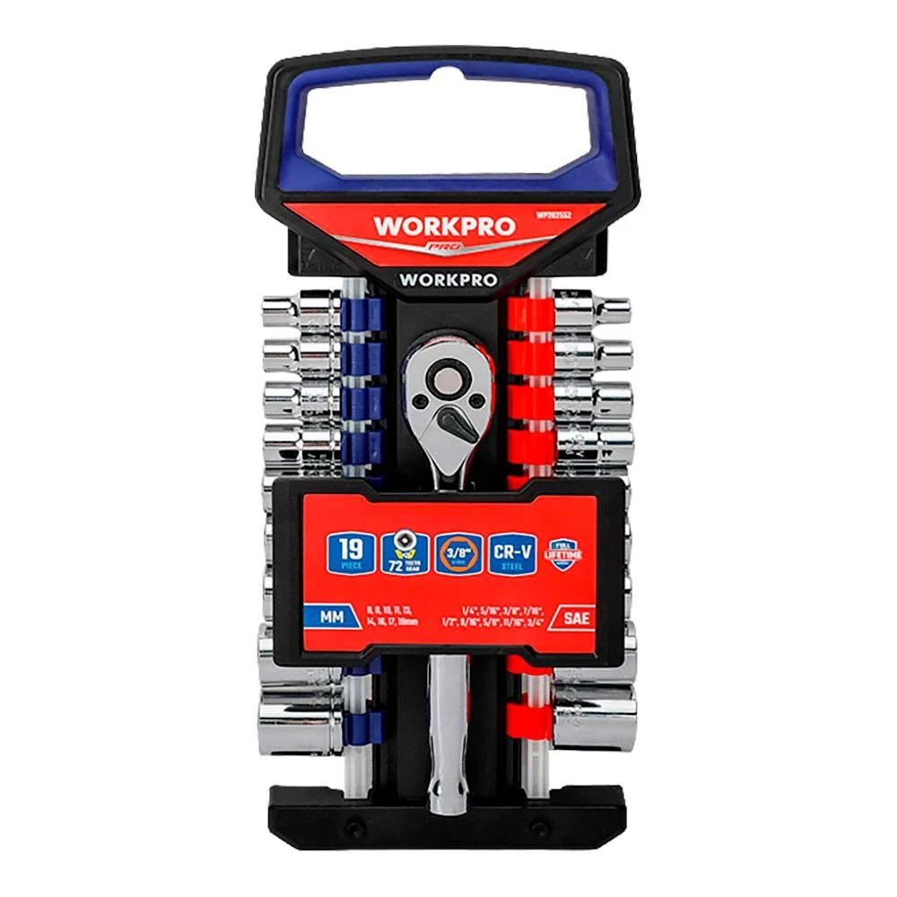 LLAVE DE CARRACA Y VASOS 3/8 pulg, JUEGO 19 PIEZAS, MÉTRICO-SAE WORKPRO