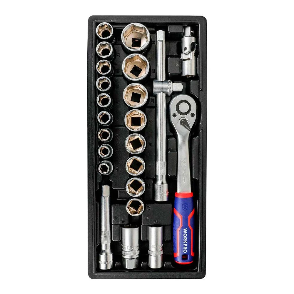 LLAVE DE CARRACA Y VASOS ½ pulg, JUEGO 24 PIEZAS, MÉTRICO WORKPRO