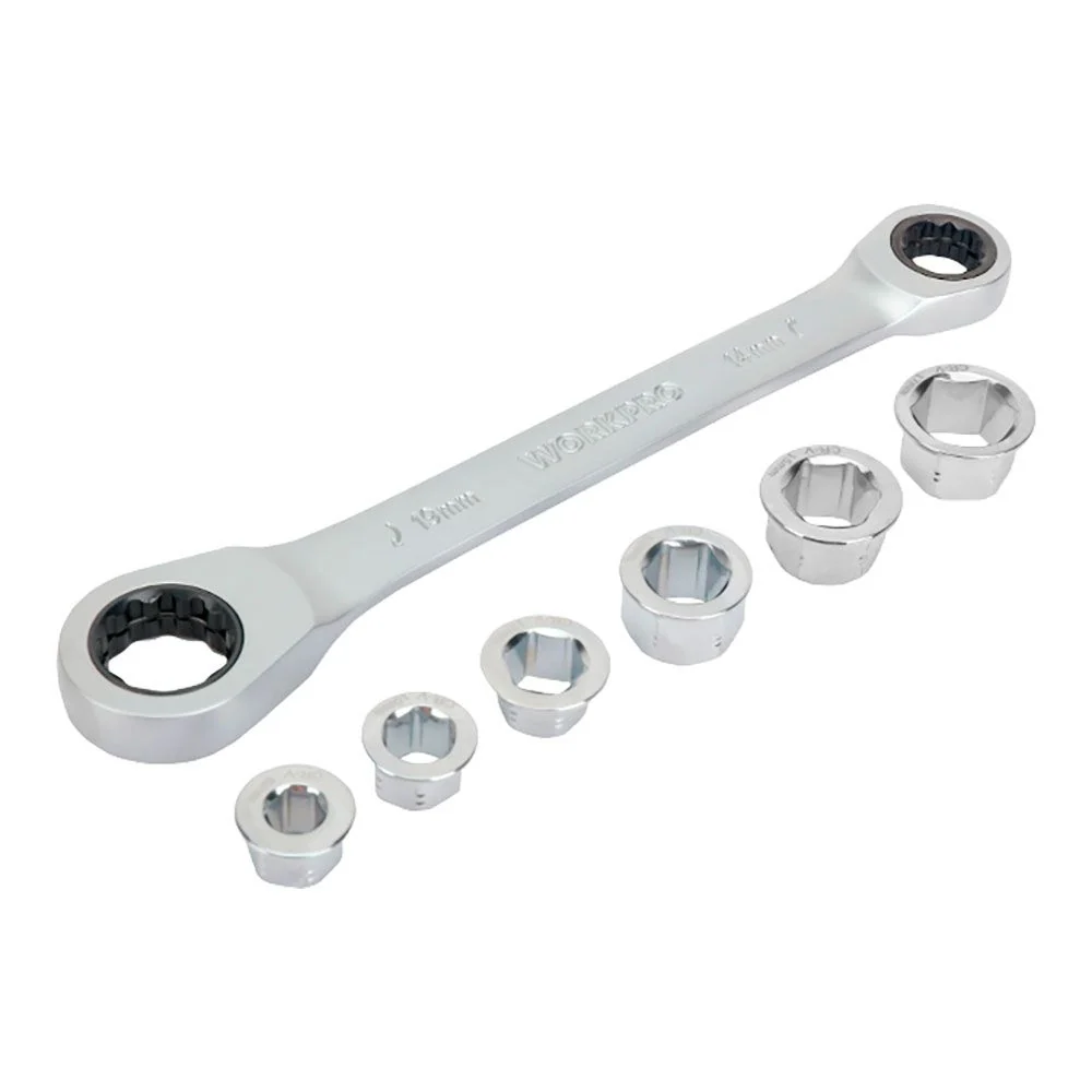LLAVE DE ESTRELLA CR-V DOBLE CON CARRACA, 6 BOCAS INTERCAMBIABLES, 14 x 19 mm, 7 PIEZAS WORKPRO