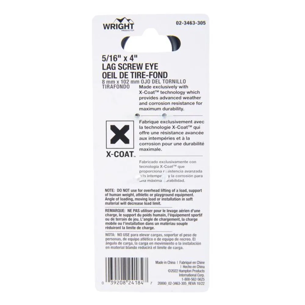 Wright 5/16 . D X 4 . L Black Steel Lag Screw Eye 225 lb 1 pk