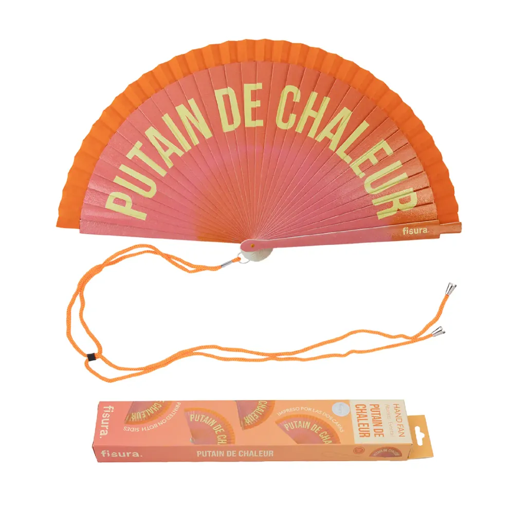 Abanico pintado "Putain de chaleur" degradado naranja con Placa Base