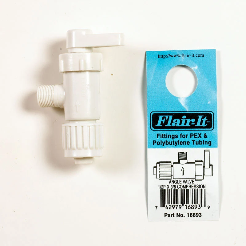 Válvula de cierre angular de plástico de compresión Flair-It de 1/2 pulg. PEX x 3/8 pulg. - Oferta de la semana