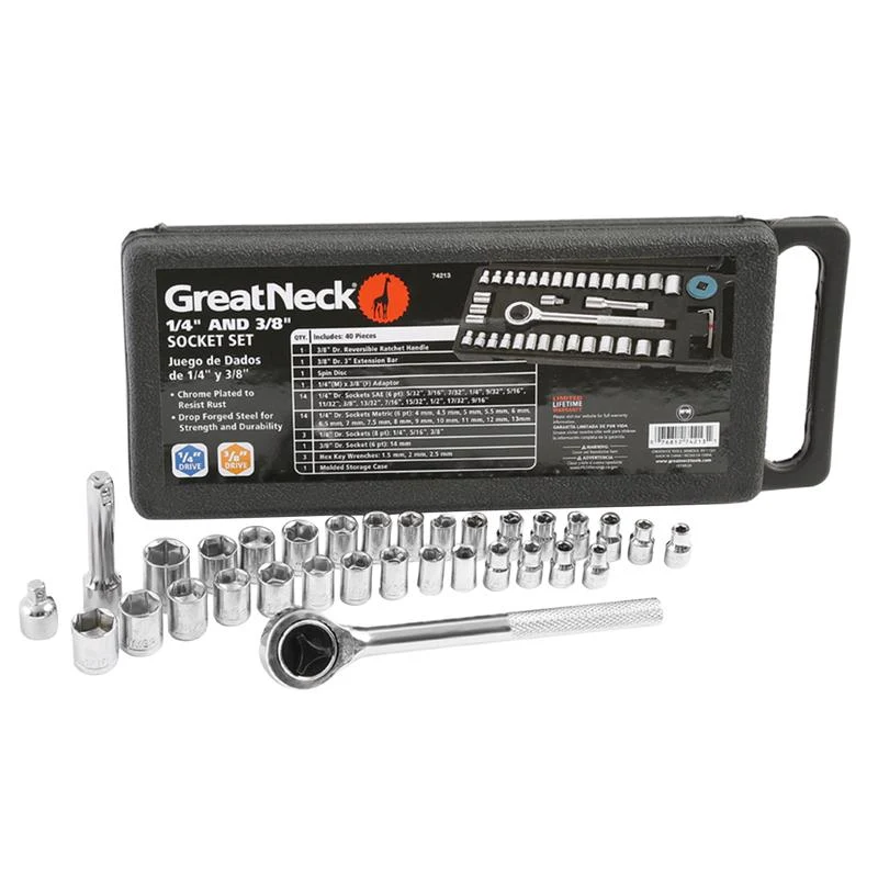Juego de trinquete y dados GreatNeck con accionamiento métrico y SAE de 1/4 y 3/8 pulg.