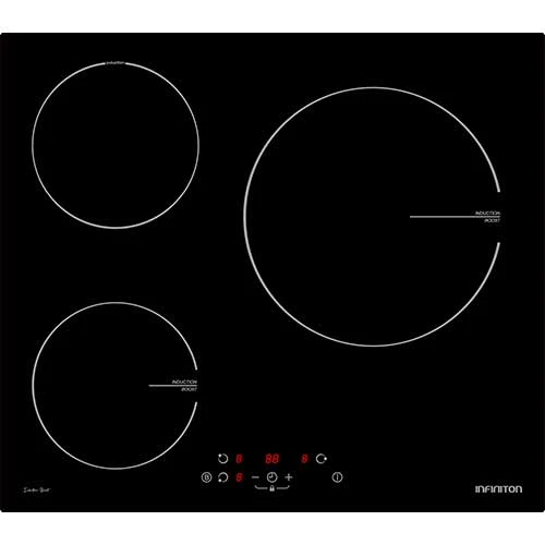 Inducción 3 Zonas 60cm Infiniton IND3N61G28 1 zona 28cm Cristal Negro con Montaje en Panel
