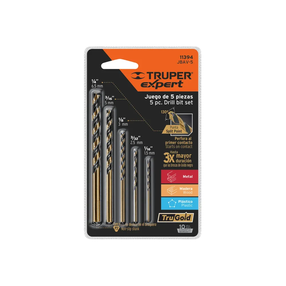 Juego de 5 brocas hss para metálico, truper expert JBAV-5