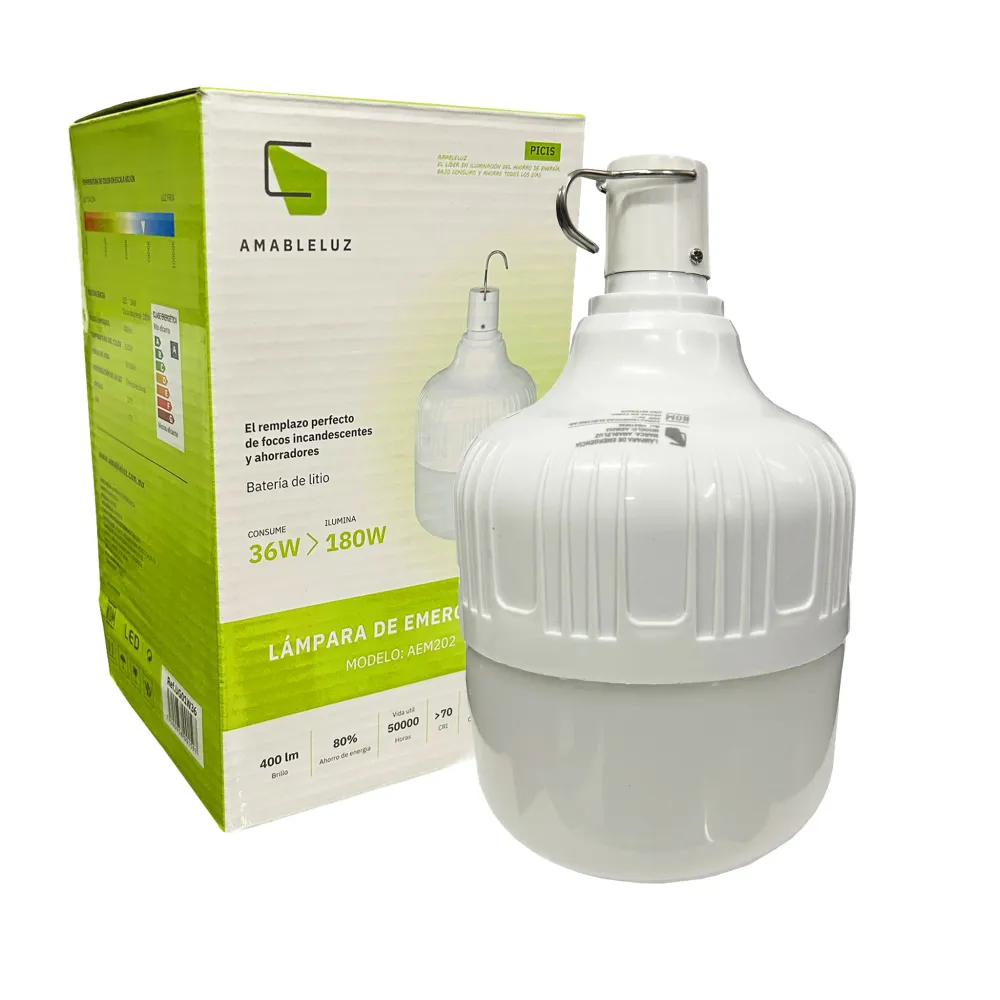 Foco de leds 36w de emergencia recargable con pilas de Litio 4-16 Hrs, Luz fria 6500K AMABLELUZ UG01W36