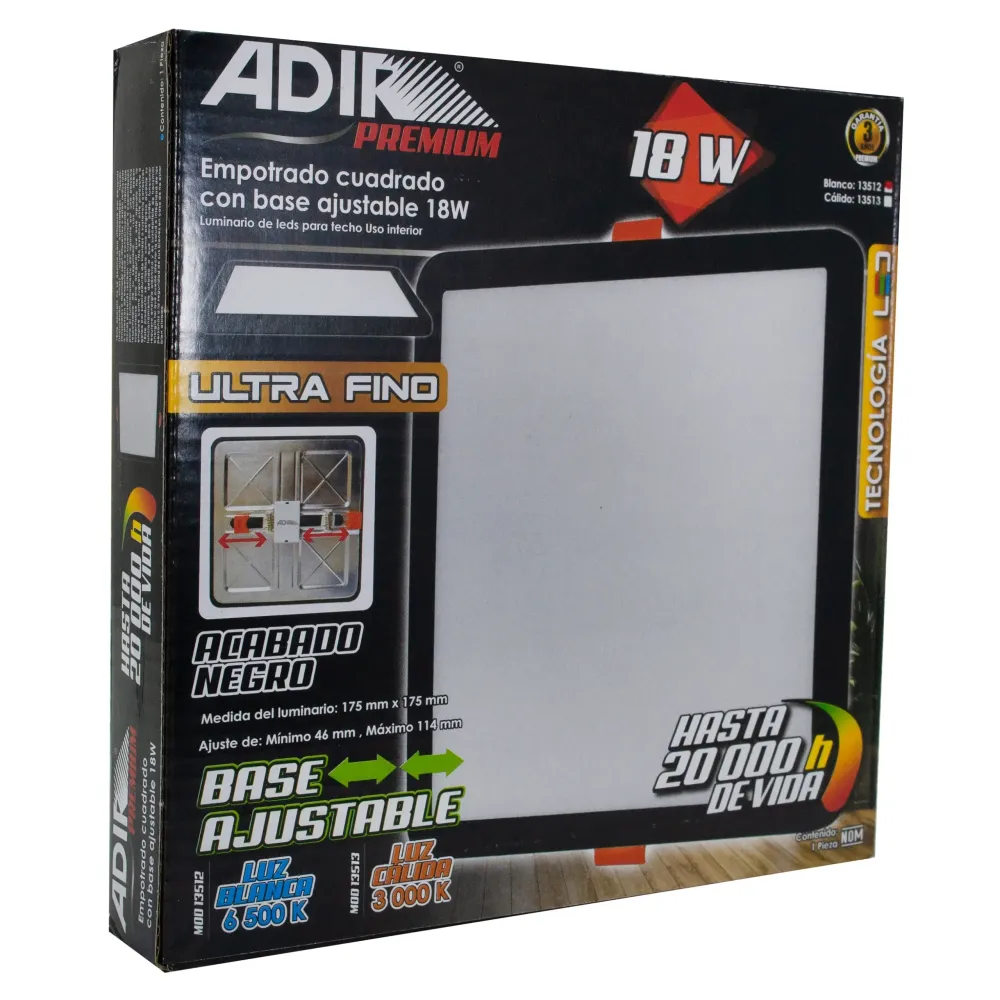 Sensor de Movimiento Empotrado adir led 18w cuadrado ajustable luz frí negro