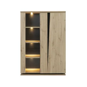 Aparador 2 puertas con vitrina e iluminación - Acabado roble y negro para Taller de Mantenimiento
