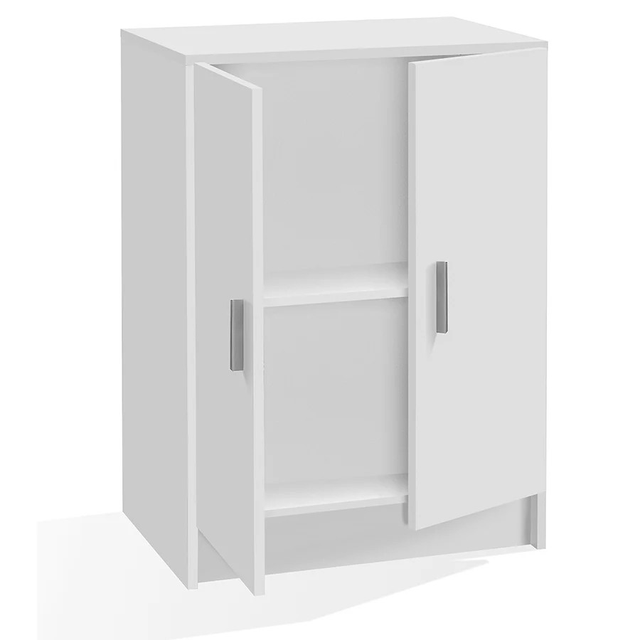Armadio basso con 2 ante 1 ripiano regolabile altezza. Materiale melaminico, colore bianco.