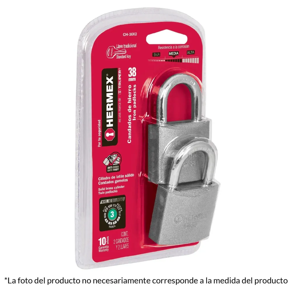 Candados de hierro, 38mm, gancho alargado, blister, 2 piezas para Taller de Mantenimiento