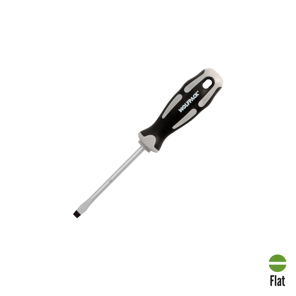 Destornillador Plano Estampado Acero S2 Mango TPR Bimaterial. Medida 1,2 x Ø 6,5 x 100 mm. DIN5265 : Serie para Latón