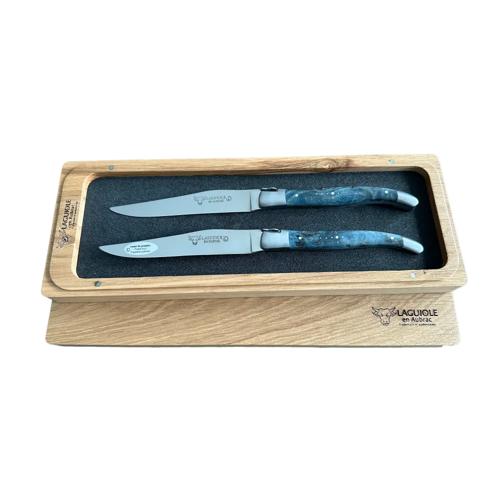 Laguiole en Aubrac Confeccionado mano 2-Piece Steak Knife Set Blue Poplar Burl Handles, Brushed Bolster