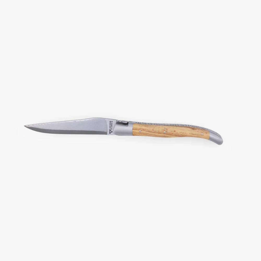Laguiole en Aubrac Handcrafted Damascus Dos veces Plates Multipurpose Knife Brushed Bolsters, Aubrac Wood Handle, 4.75 inches