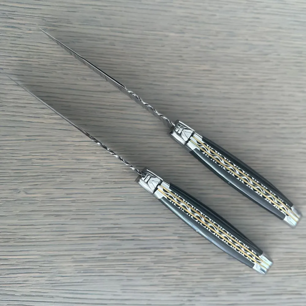 Laguiole en Aubrac Luxury Handcrafted Stainless Acero & Brass Double Plate 2-Piece Steak Knife Set Ebony Wood Handles con...