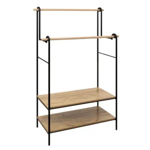 Para Acero Inoxidable 304 Burro de Ropa Doble 2 Estantes y 2 Barras Colgadoras Madera y Acero Negro y Roble Claro 96x164 cm